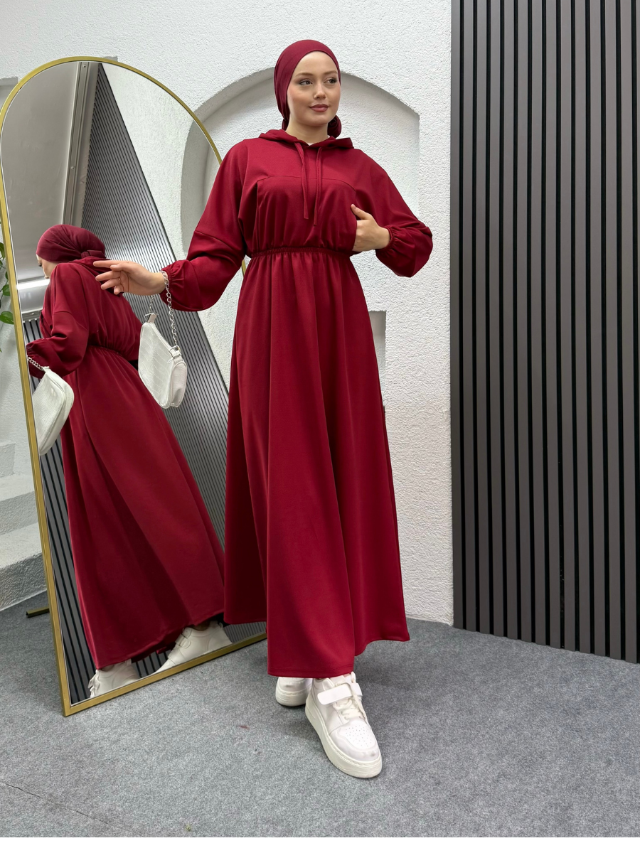 Kapüşonlu Elbise Bordo