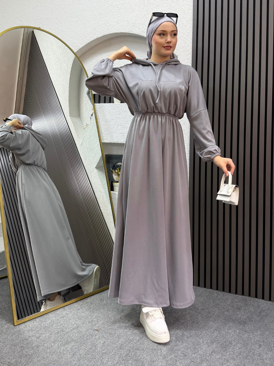 Kapüşonlu Elbise Gri