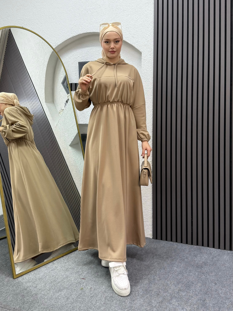 Kapüşonlu Elbise Krem