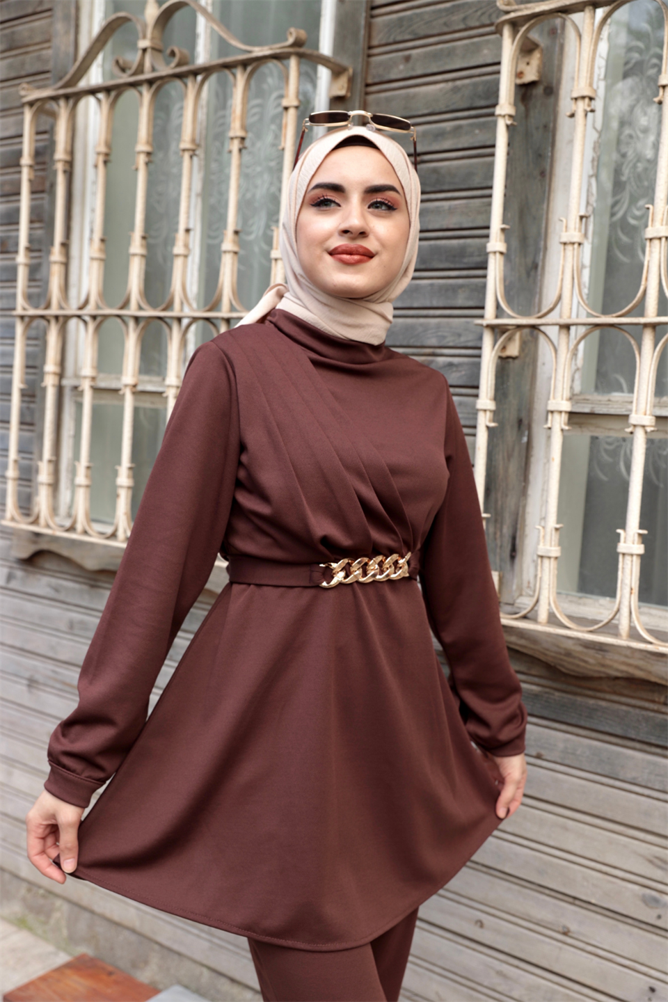 Mina Pantolonlu Tesettür Takım Kahve