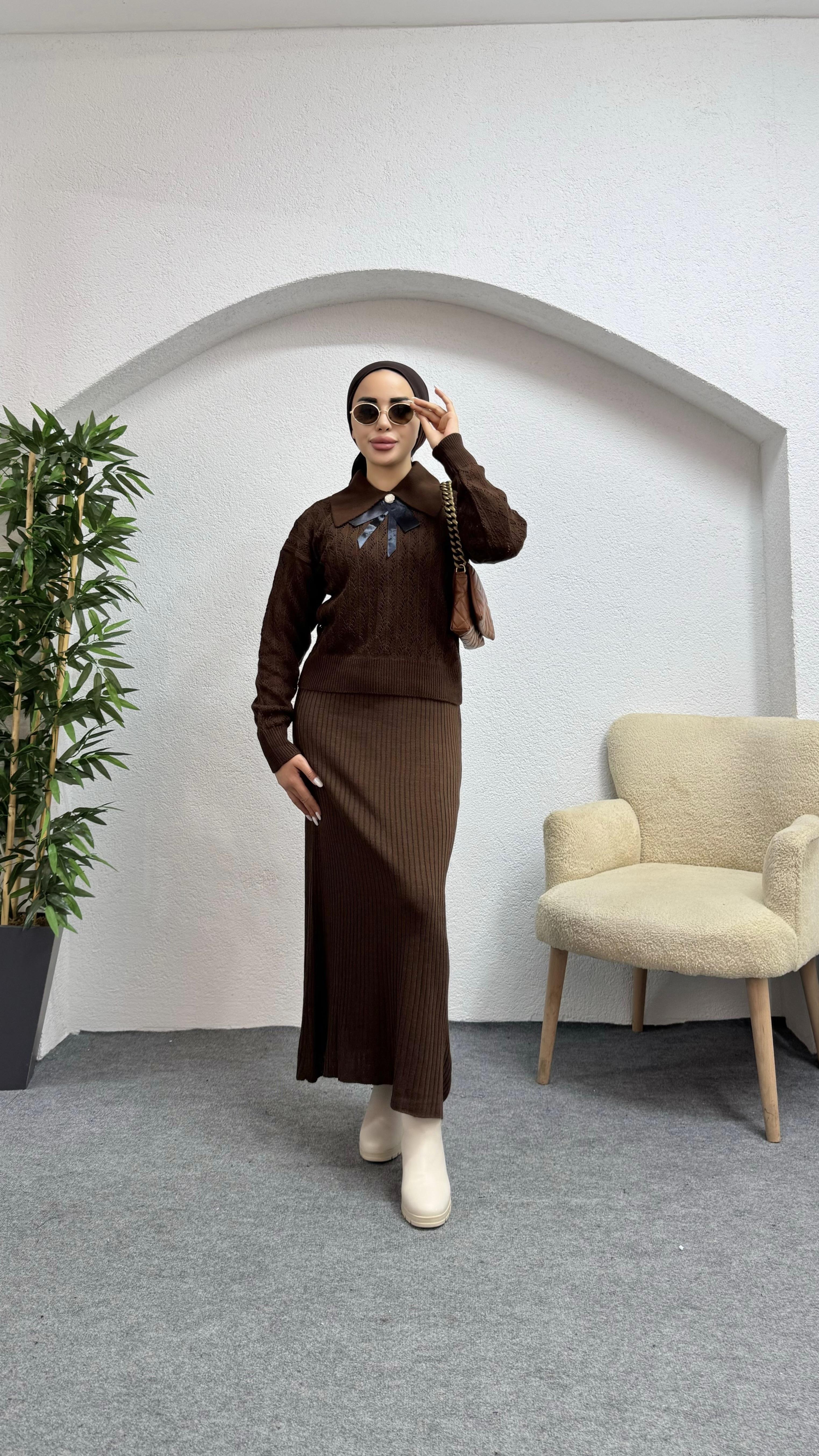 Neva Triko Elbiseli Takım Kahve