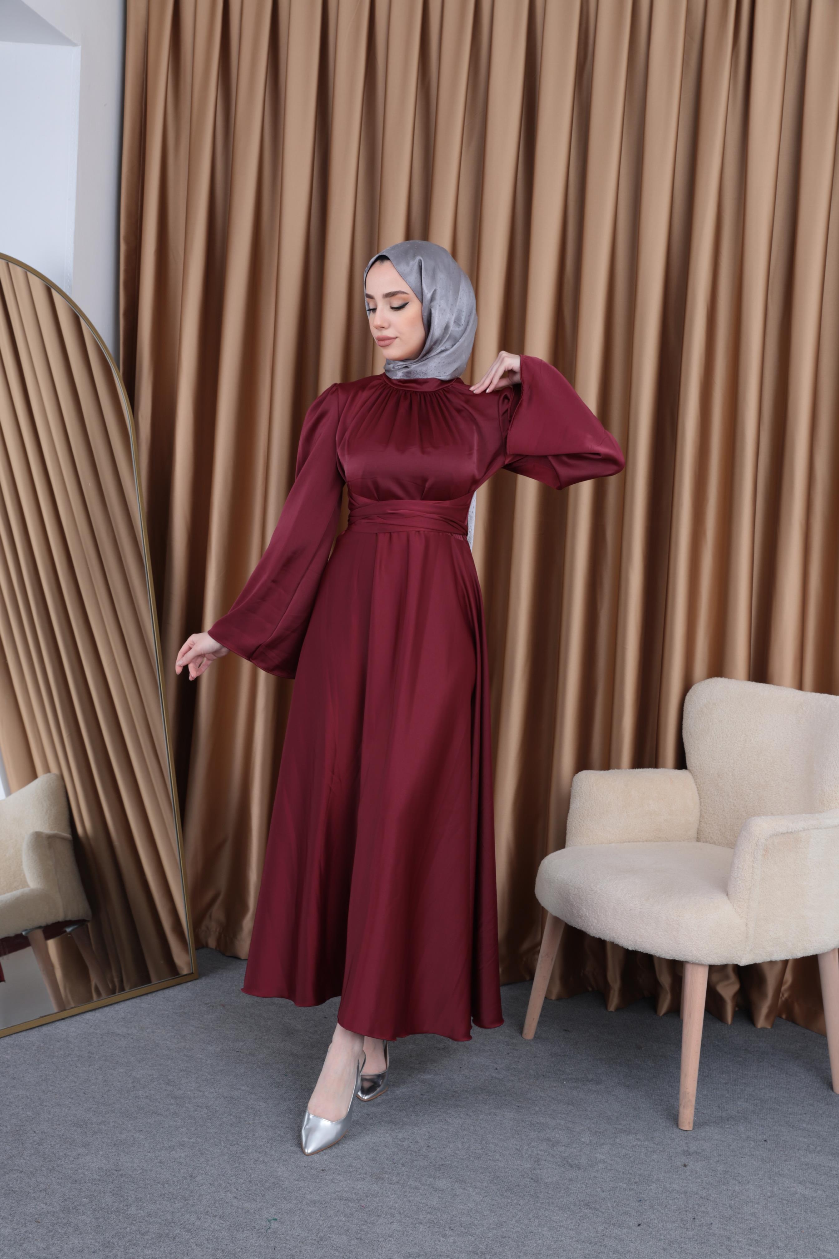 Nila Bel Geniş Bağlamalı Saten Abiye Bordo