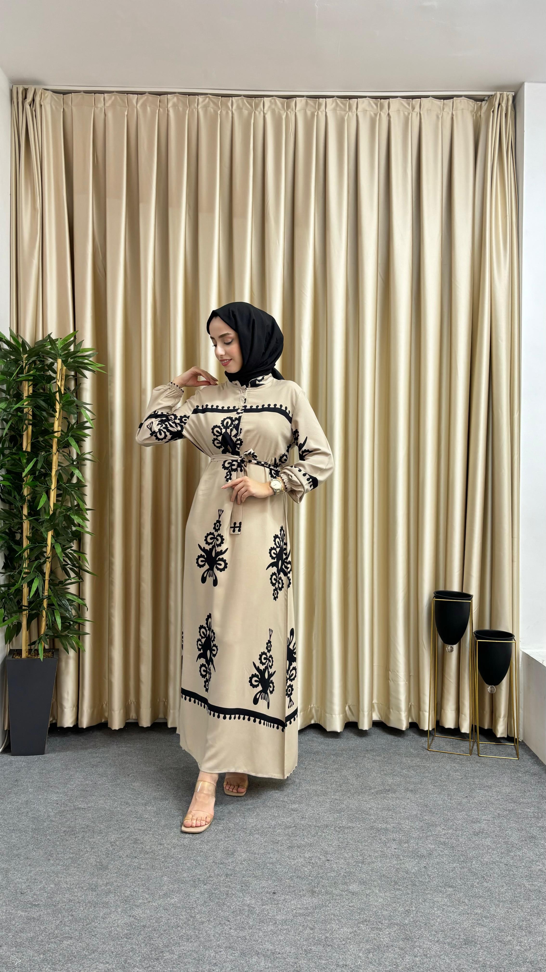 Reyhan Desenli Elbise Krem