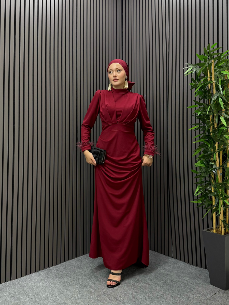 Zeyna Kol Tüylü Abiye  Bordo