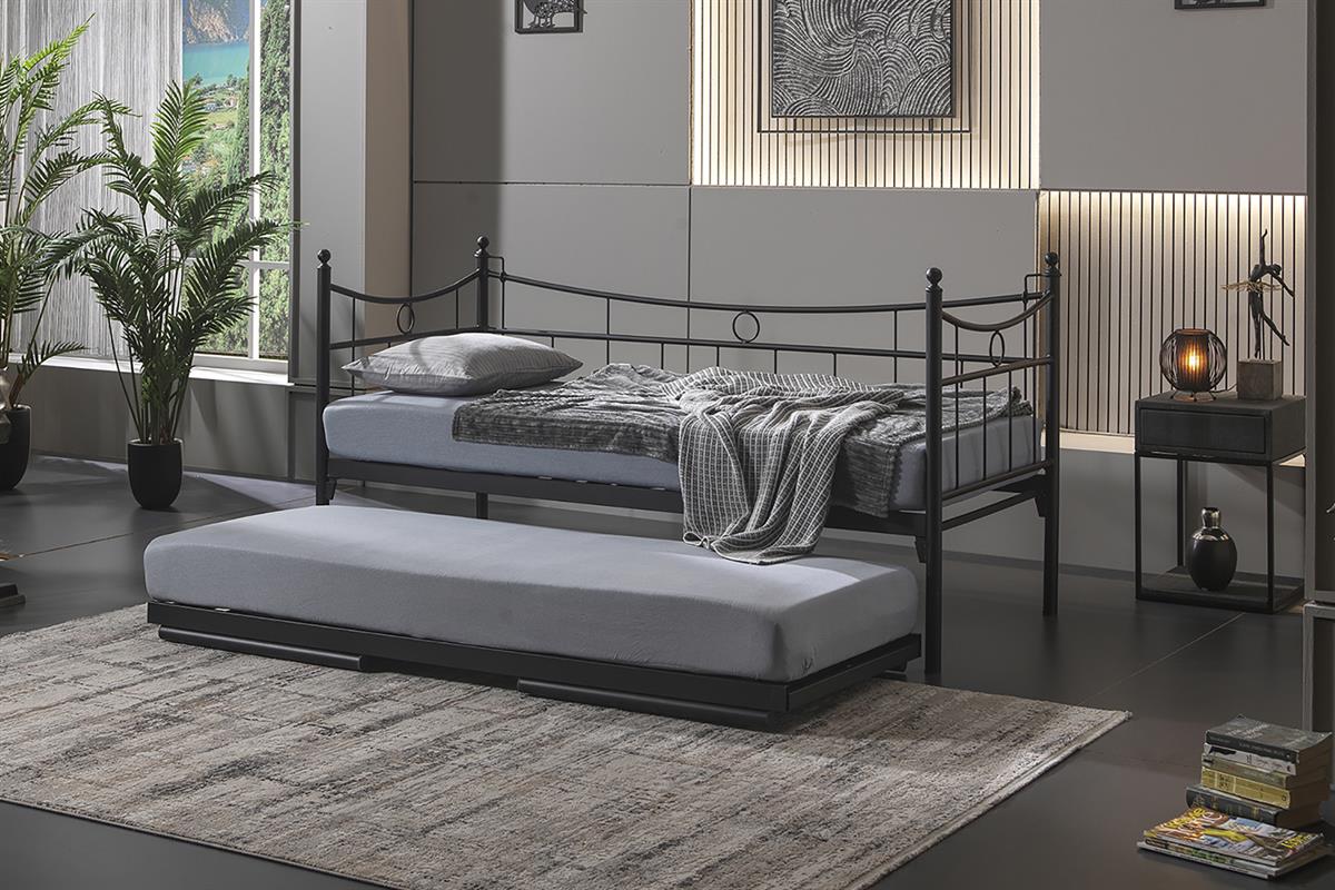 Unimet Daily Yavrulu Daybed-Çift Tek Kişilik Siyah Metal Karyola