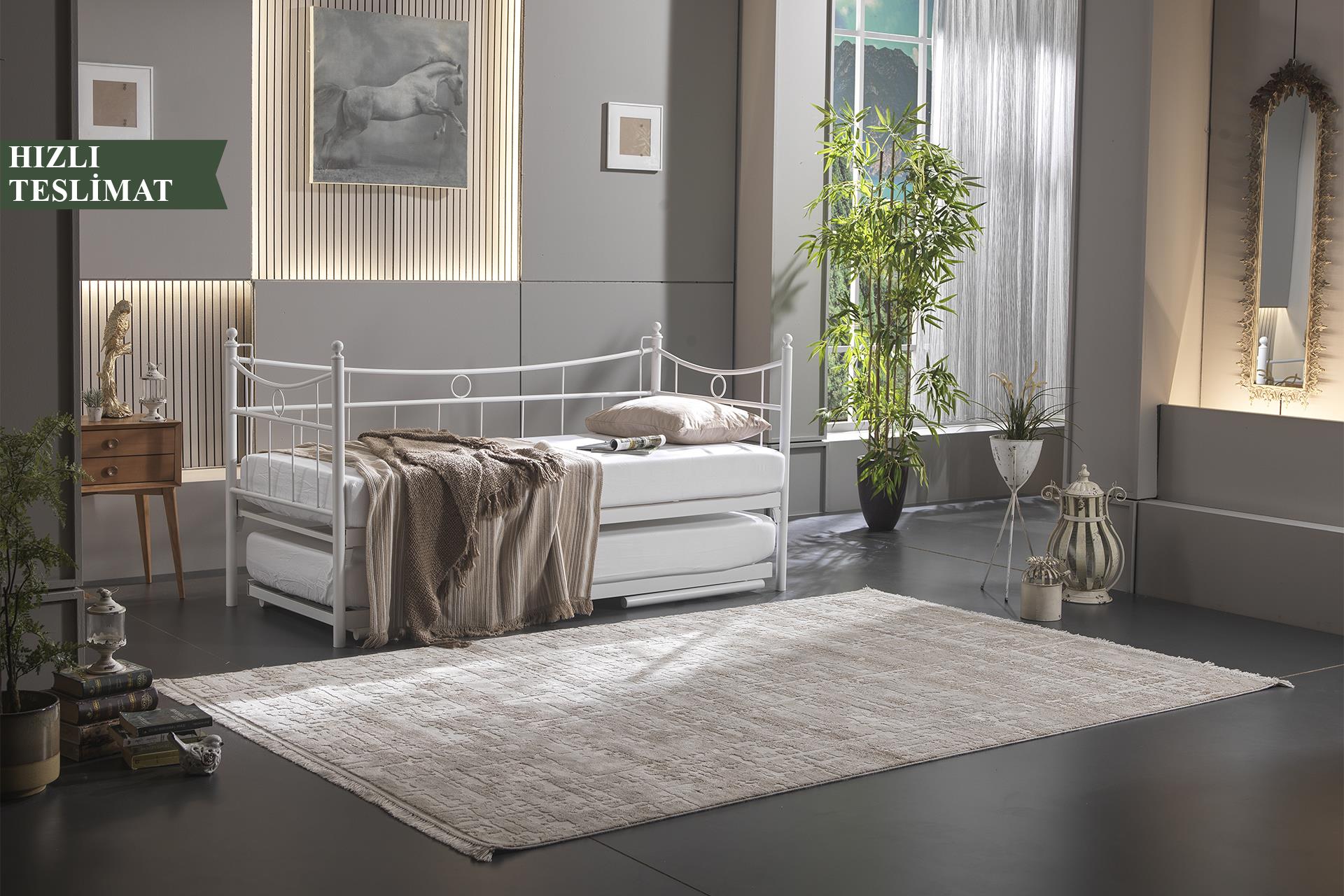 Unimet Daily Yavrulu Daybed-Çift Tek Kişilik Beyaz Metal Karyola