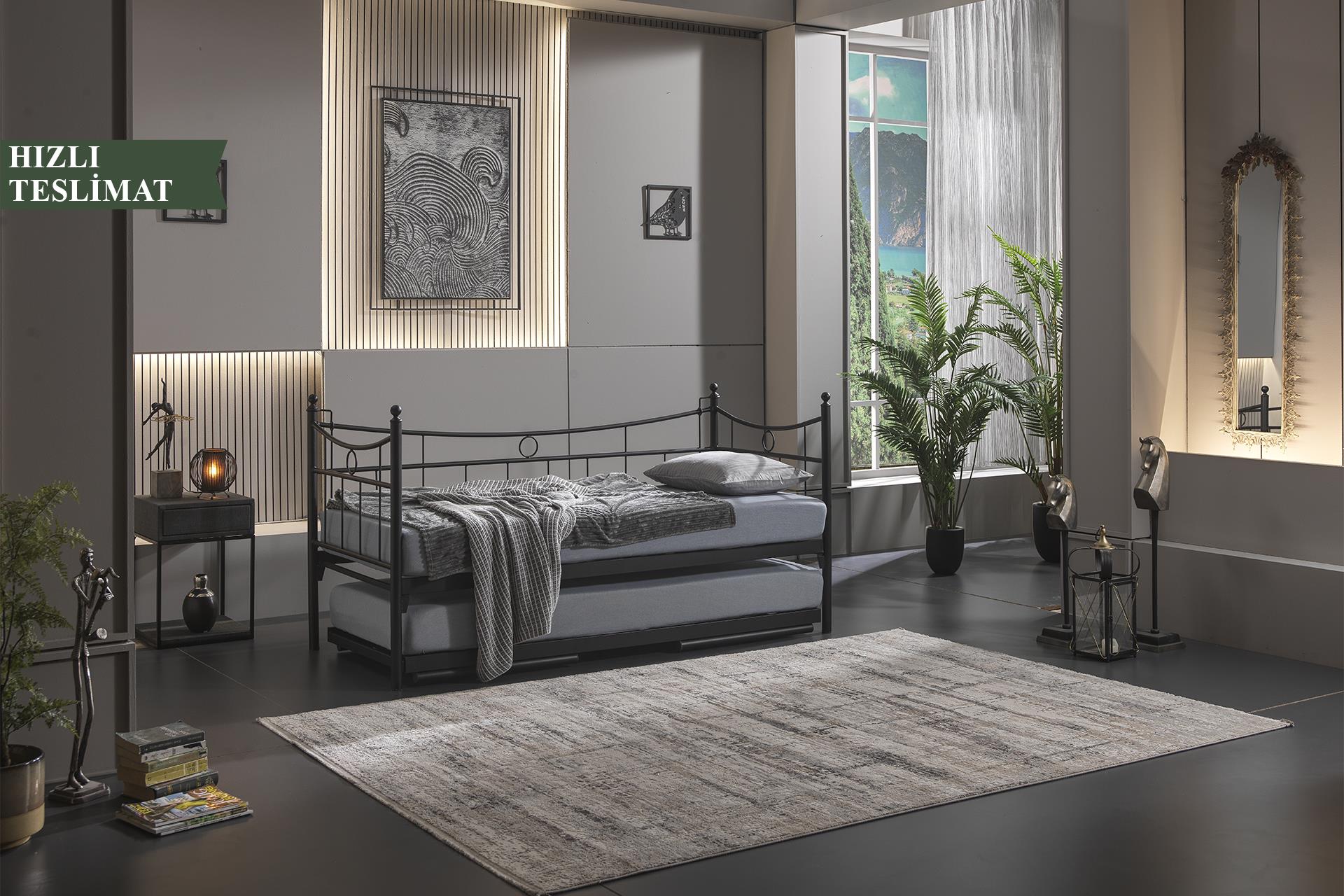 Unimet Daily Yavrulu Daybed-Çift Tek Kişilik Siyah Metal Karyola
