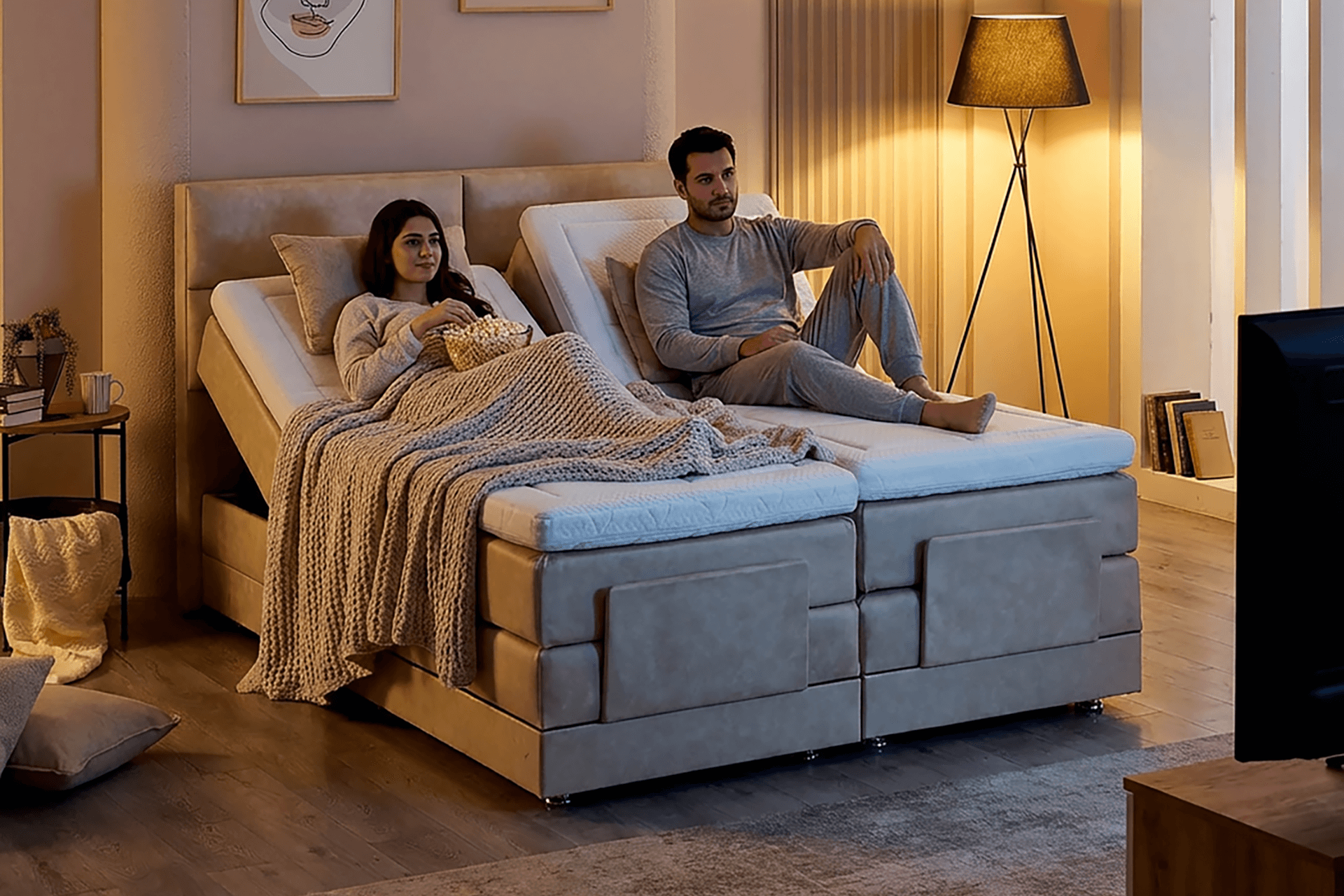 Unimet Nivo Motorlu Kumandalı Hareketli Çift Kişilik Baza+Başlık+Yatak Seti Bej