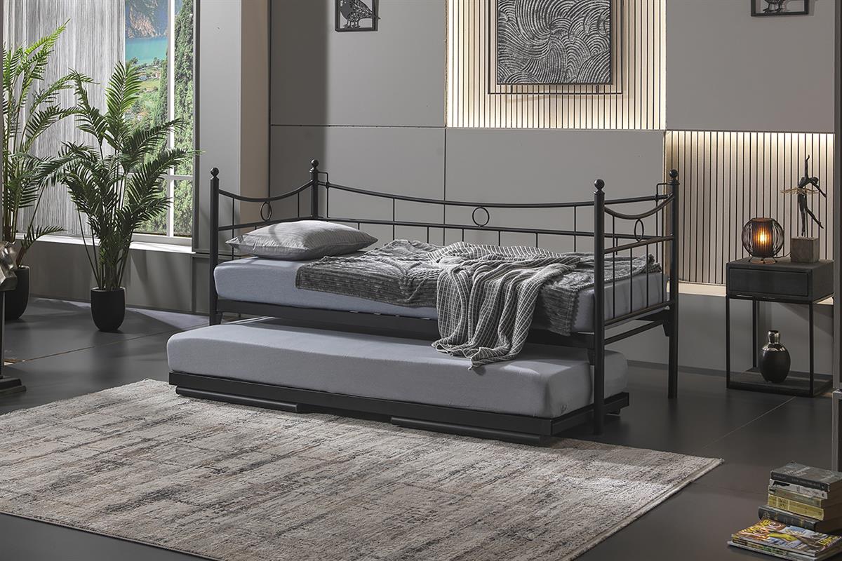 Unimet Daily Yavrulu Daybed-Çift Tek Kişilik Siyah Metal Karyola