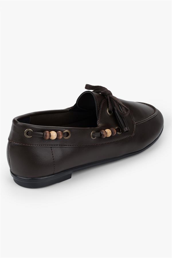 Kadın Costa Kahve Cilt Boncuk Aksesuarlı Bağcıklı Loafer