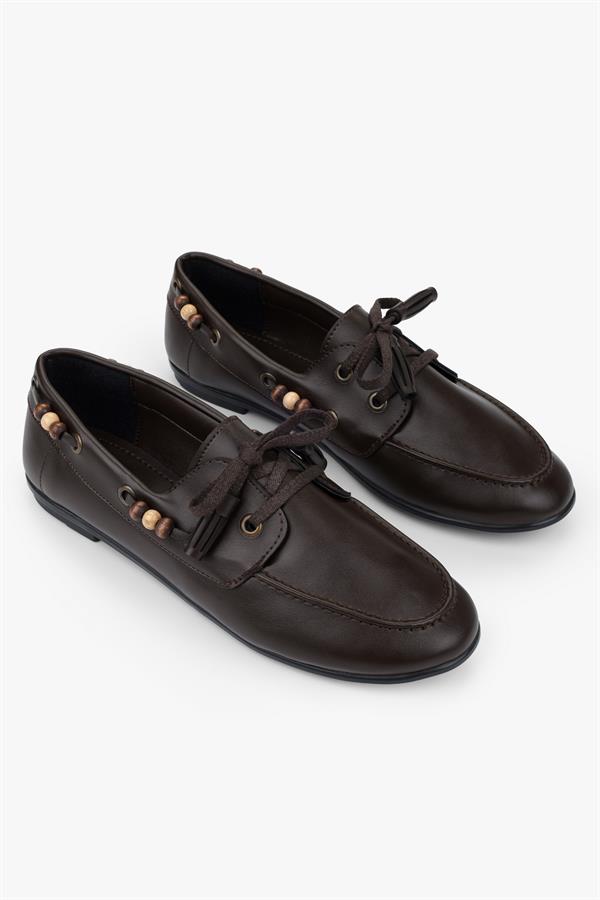 Kadın Costa Kahve Cilt Boncuk Aksesuarlı Bağcıklı Loafer