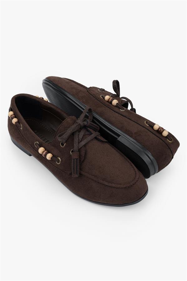 Kadın Costa Kahve Süet Boncuk Aksesuarlı Bağcıklı Loafer