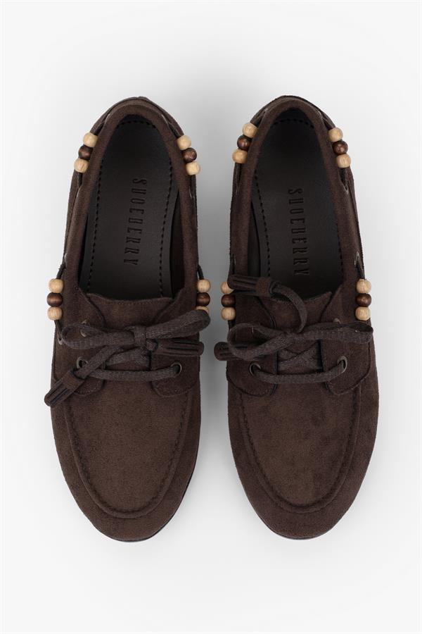 Kadın Costa Kahve Süet Boncuk Aksesuarlı Bağcıklı Loafer