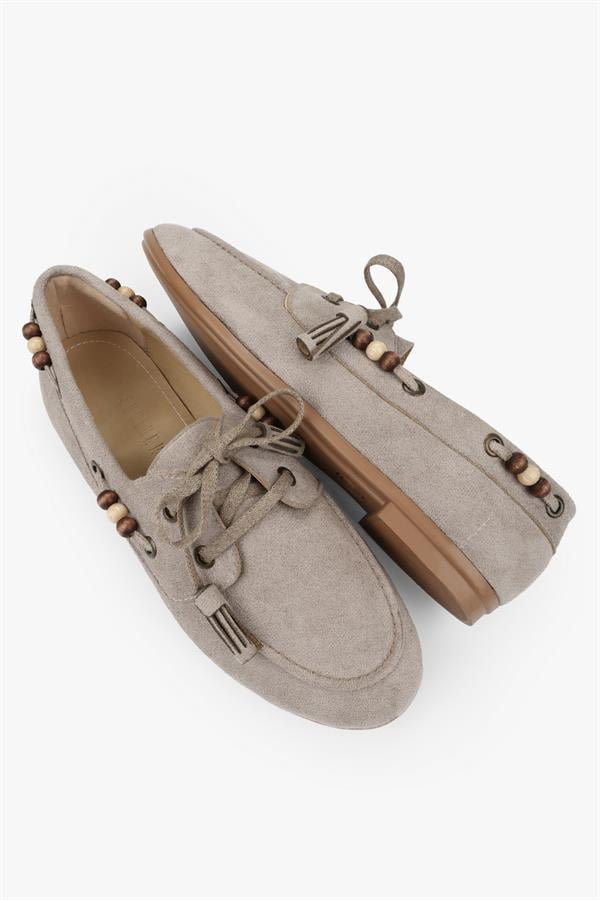 Kadın Costa Vizon Süet Boncuk Aksesuarlı Bağcıklı Loafer