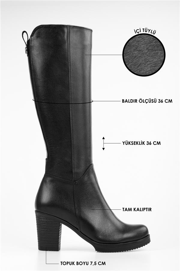 Kadın Daen Siyah Hakiki Deri Topuklu Çizme