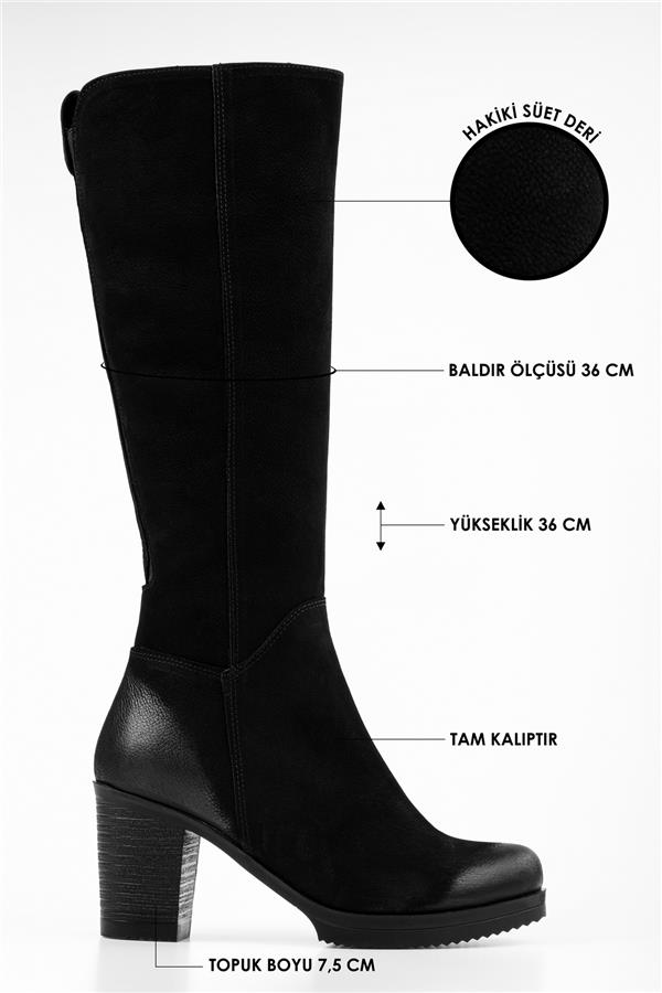 Kadın Daen Siyah Hakiki Süet Deri Topuklu Çizme