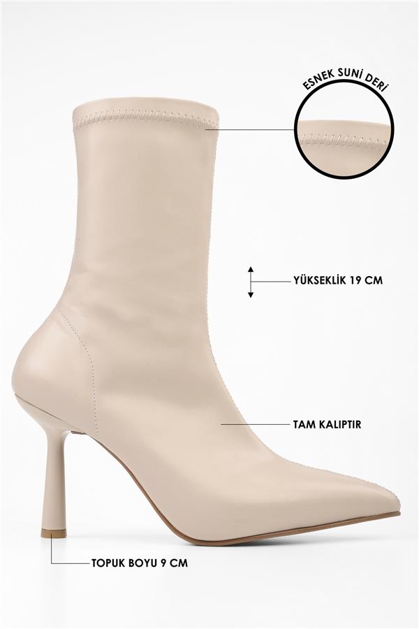 Kadın Glove Bej Cilt Streç Topuklu Bot