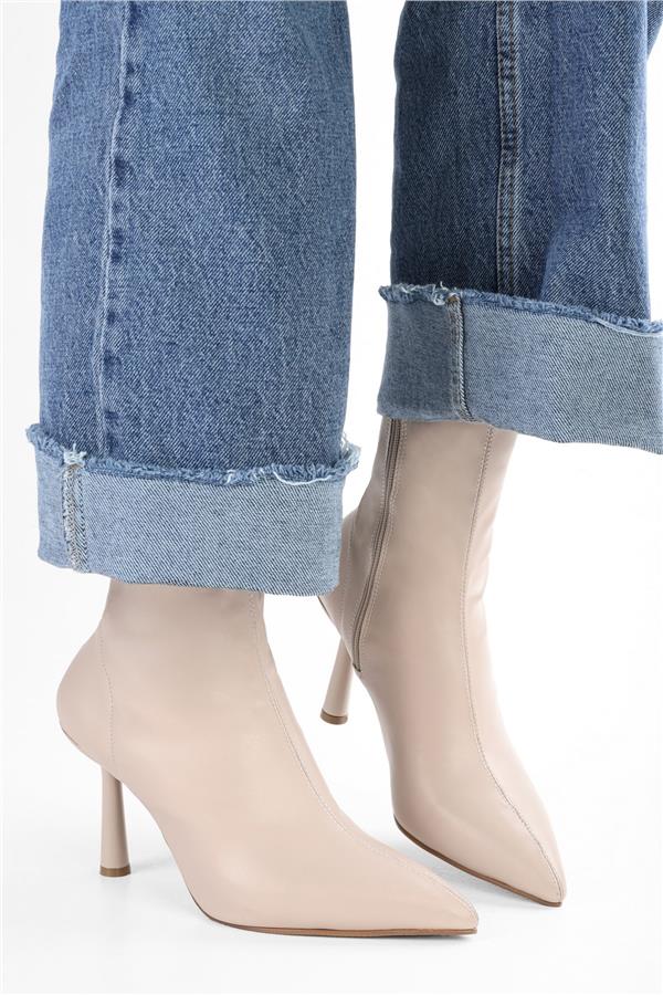 Kadın Glove Bej Cilt Streç Topuklu Bot