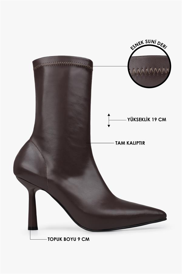Kadın Glove Kahve Cilt Streç Topuklu Bot