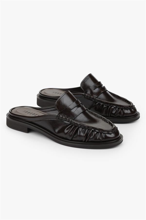 Kadın Mavien Kahve Cilt Büzgülü Terlik Loafer