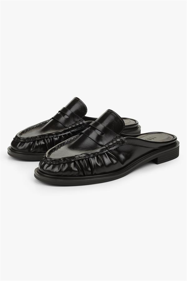 Kadın Mavien Kahve Cilt Büzgülü Terlik Loafer