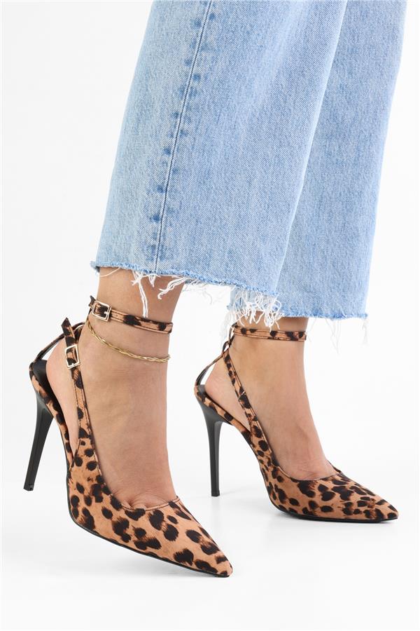 Kadın Mila Leopar Zara Saten Kemerli Bilekten Bağlı Stiletto