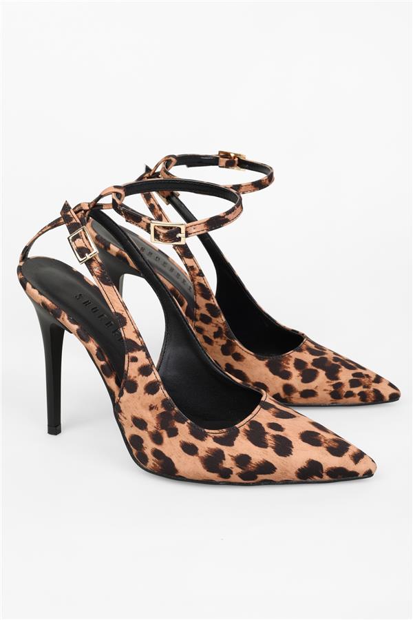 Kadın Mila Leopar Zara Saten Kemerli Bilekten Bağlı Stiletto