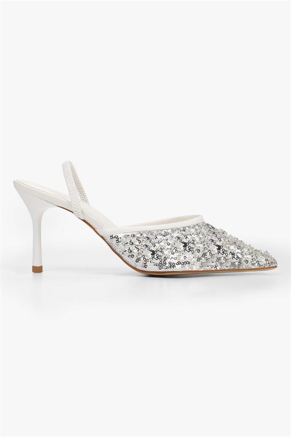 Kadın Monica Beyaz Taşlı Pullu Stiletto