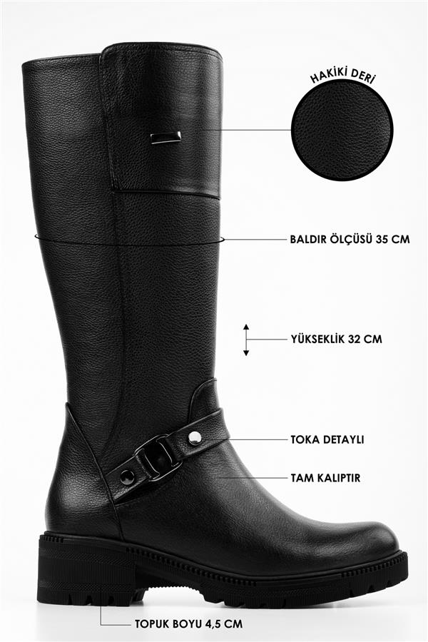 Kadın Senda Siyah Hakiki Deri Topuklu Çizme