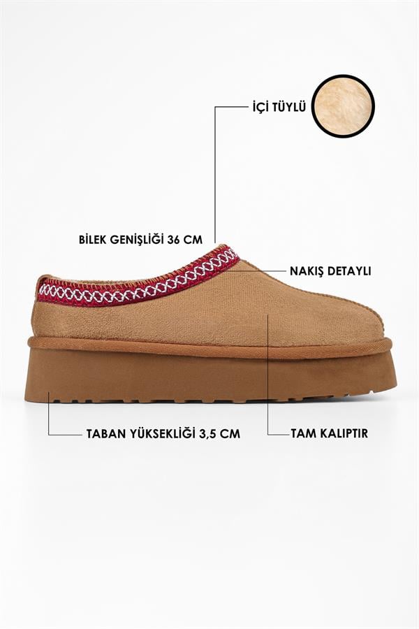 Kadın Uggps Taba İçi Tüylü Kısa Süet Düz Terlik