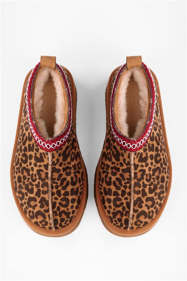 Kadın Uggps Taba Leopar Desenli İçi Tüylü Kısa Süet Düz Terlik