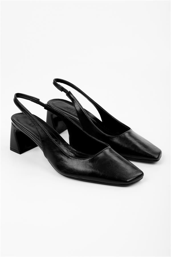 Kadın Vinte Siyah Cilt Küt Burunlu Stiletto