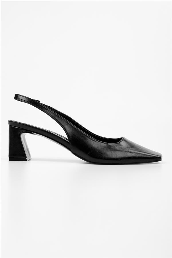 Kadın Vinte Siyah Cilt Küt Burunlu Stiletto