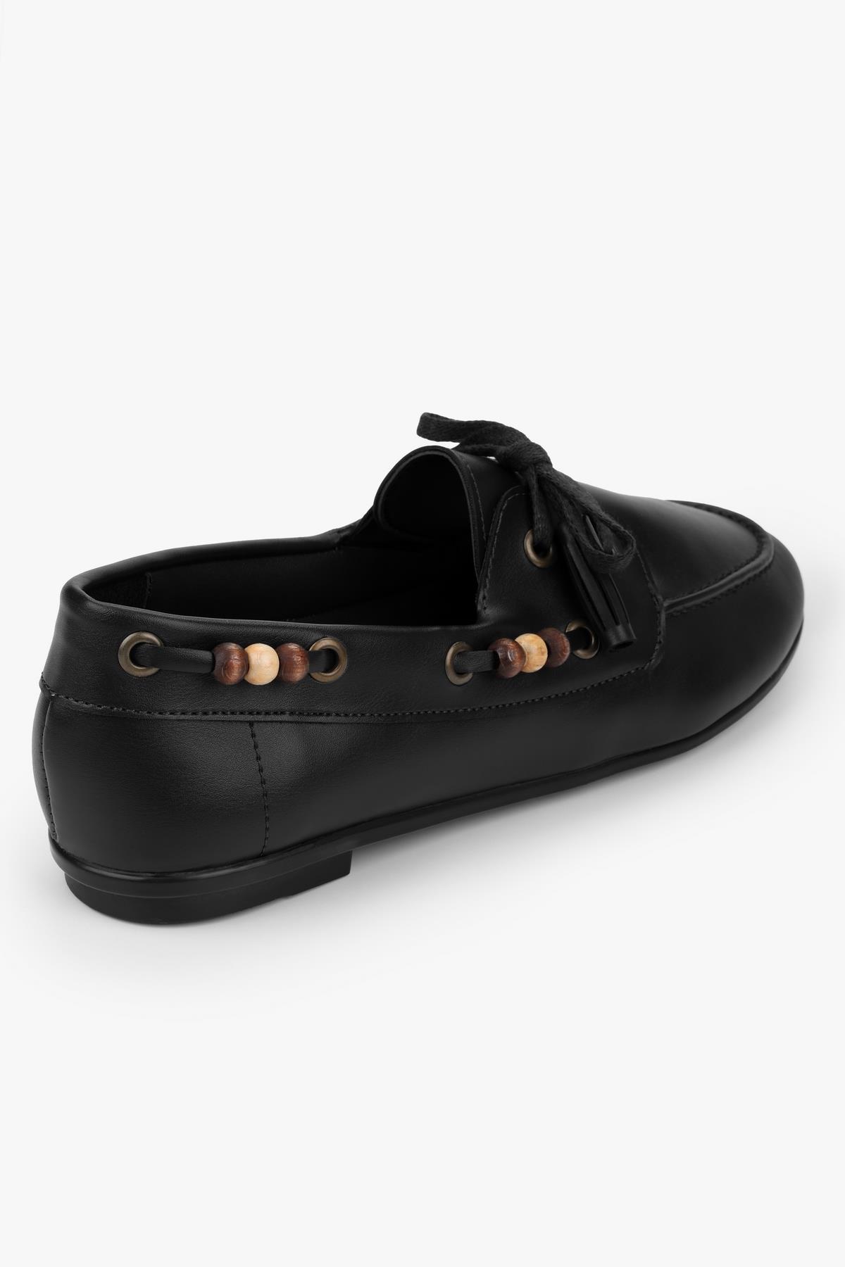 Kadın Costa Siyah Cilt Boncuk Aksesuarlı Bağcıklı Loafer · 4