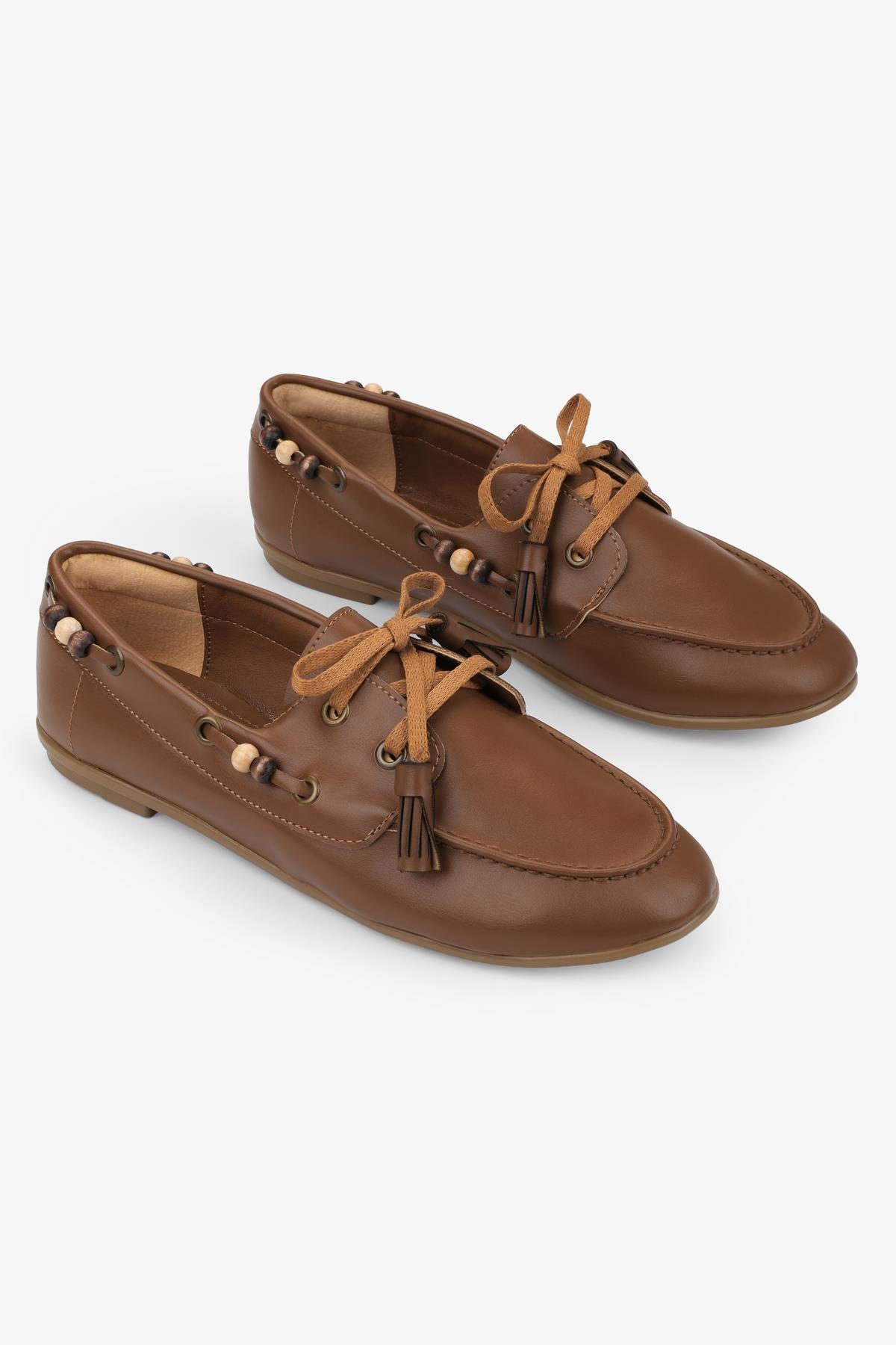 Kadın Costa Taba Cilt Boncuk Aksesuarlı Bağcıklı Loafer · 4