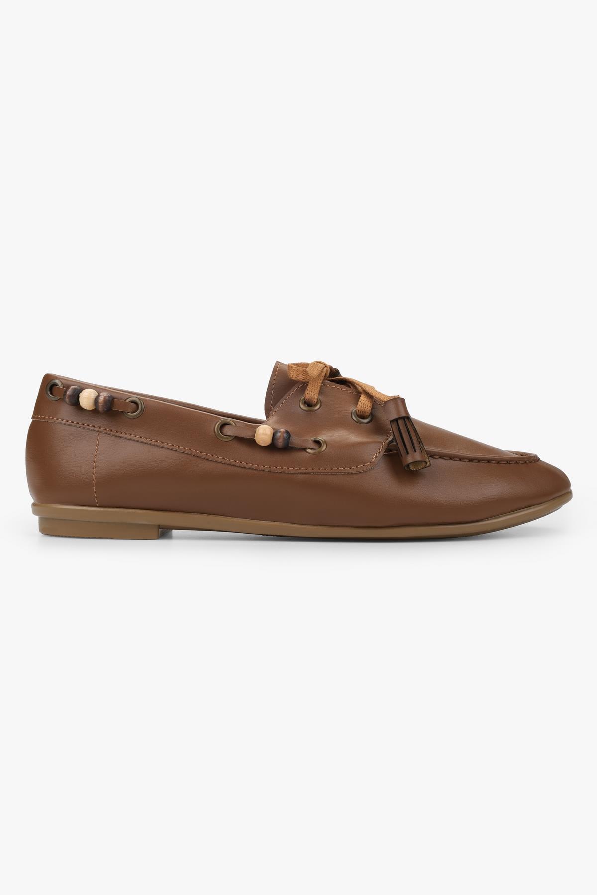 Kadın Costa Taba Cilt Boncuk Aksesuarlı Bağcıklı Loafer · 3