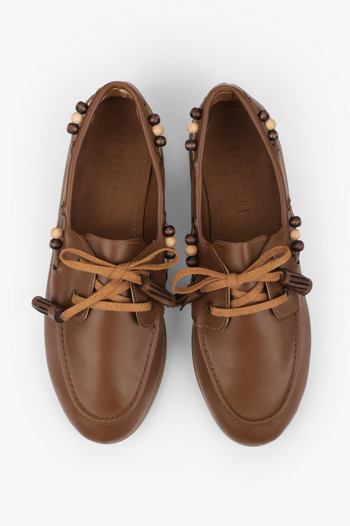 Kadın Costa Taba Cilt Boncuk Aksesuarlı Bağcıklı Loafer · 2