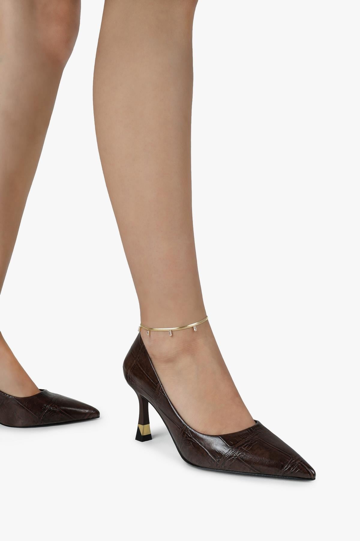 Kadın Gilda Kahve Kroko Altın Kaplama Detaylı Stiletto · 5