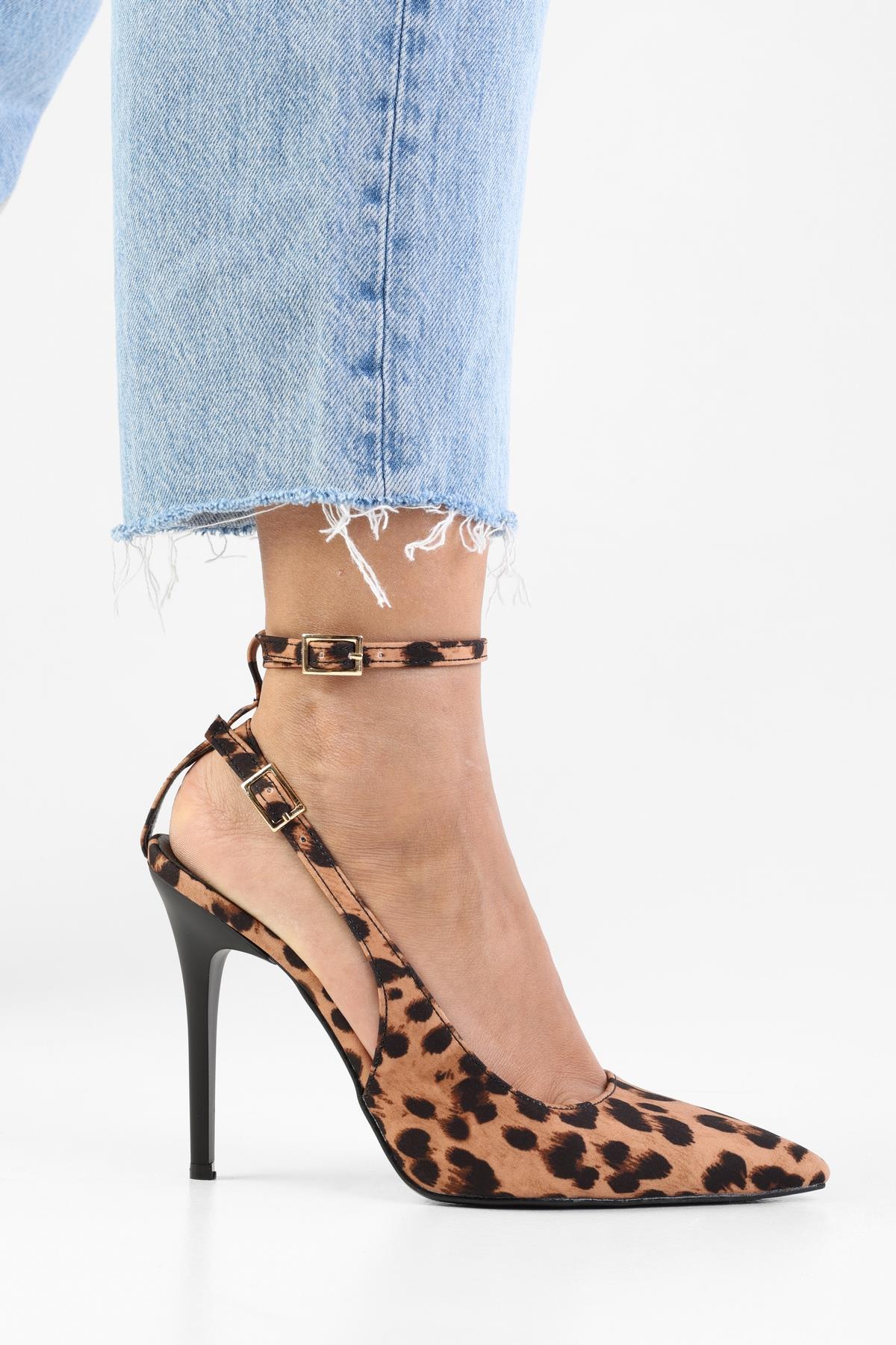 Kadın Mila Leopar Zara Saten Kemerli Bilekten Bağlı Stiletto · 2
