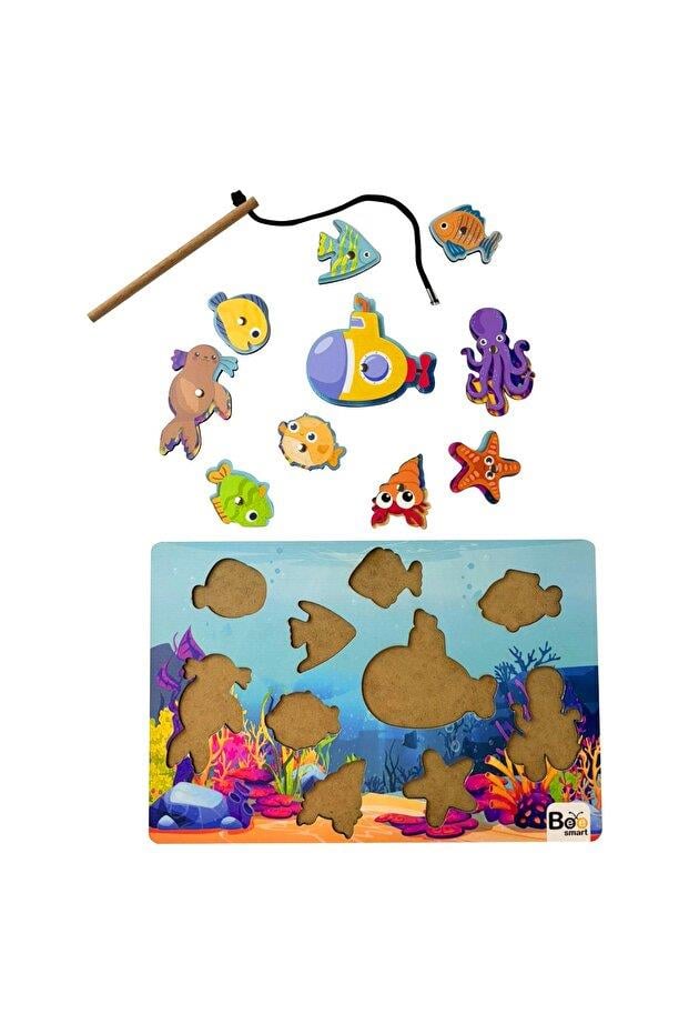 Bee Smart Balık Tutma Puzzle Eğlenceli Ahşap Oyuncak 1+ Yaş Montessori