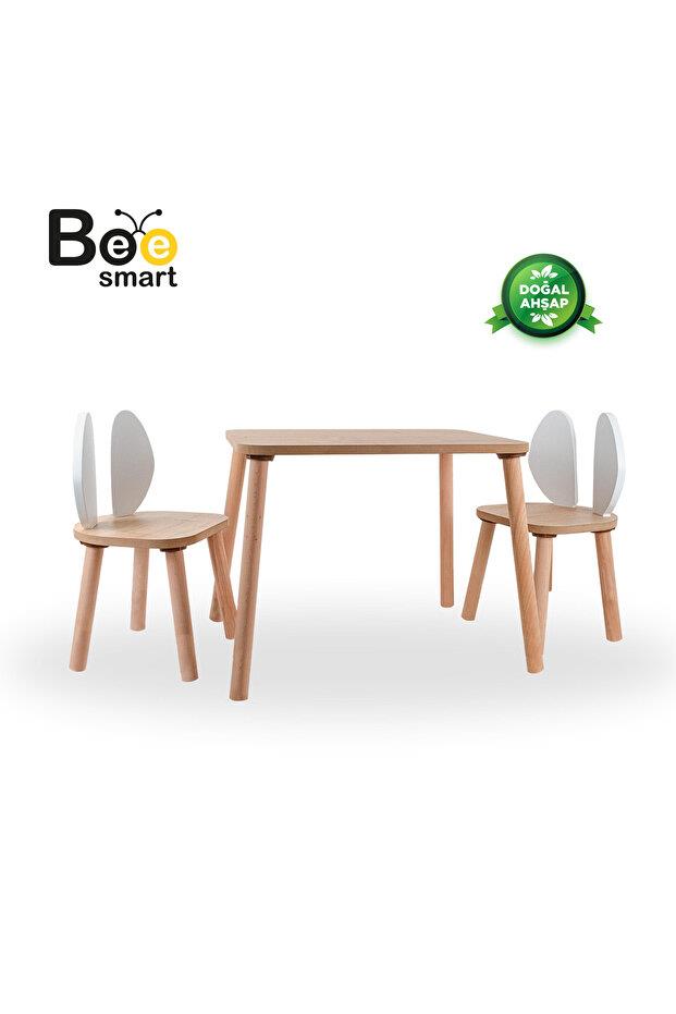 Bee Smart Safir Meşe Beyaz Kulak 2 Sandalyeli Aktivite Masası Çocuk Çalışma Masası MS-80