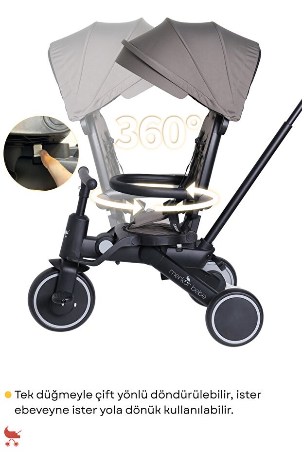 Merkür Bebe 9in1 Hawk Çift Yönlü Katlanabilir Yatabilir Ayak Destekli Üç Tekerlekli Bebek ve Çocuk Bisikleti Gri