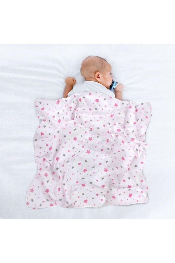 Sevi Bebe Desenli Müslin Battaniye 100x100 cm - Yıldız Yağmuru Pembe 353-140-2