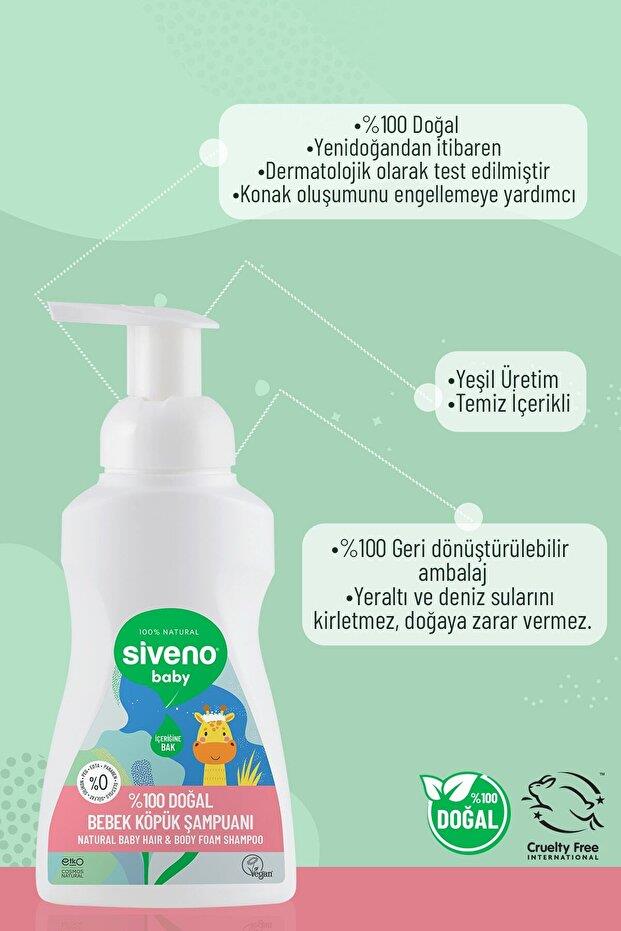 Siveno %100 Doğal Bebek Köpük Şampuanı Yenidoğan Saç ve Vücut Nemlendirici Bitkisel Vegan 250 ml