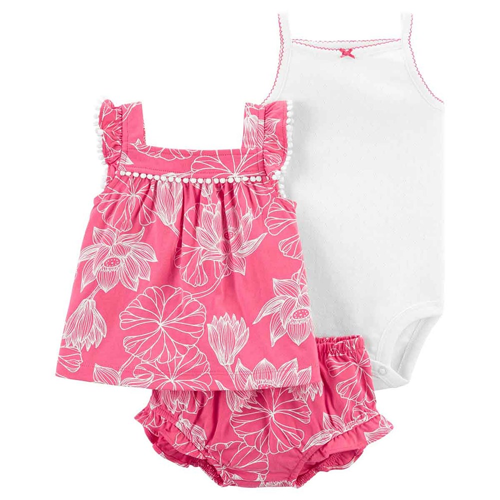 Carters Kız Bebek Çiçekli Kolsuz Şort, Body ve Üst Set 3lü Paket Pembe