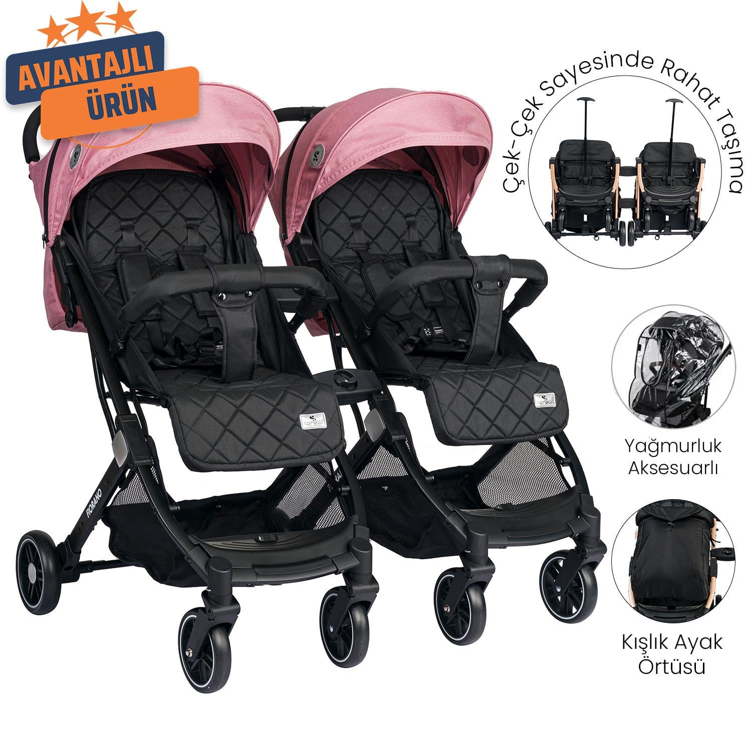 Lorelli Fiorano New Kabin Boy İkiz Bebek Arabası - Rose Quartz