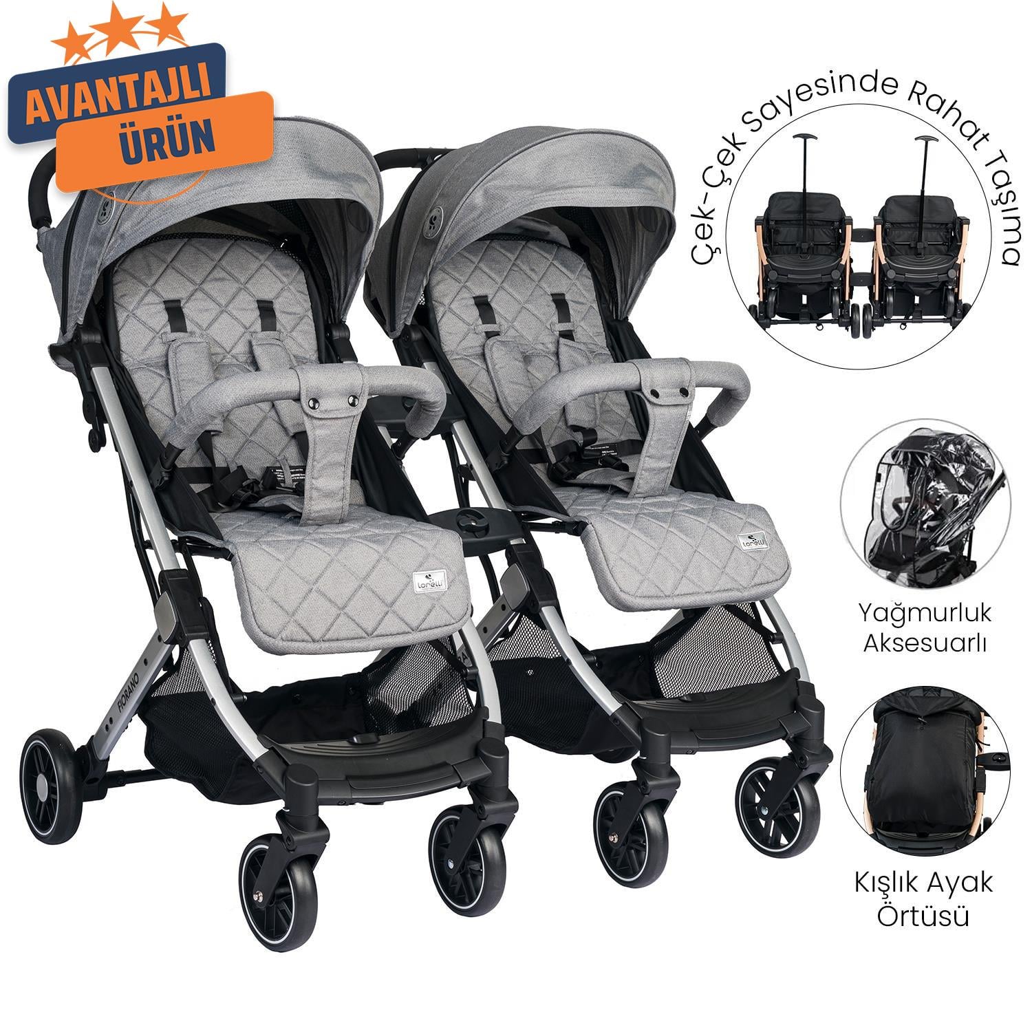 Lorelli Fiorano New Kabin Boy İkiz Bebek Arabası - Dolphin Grey