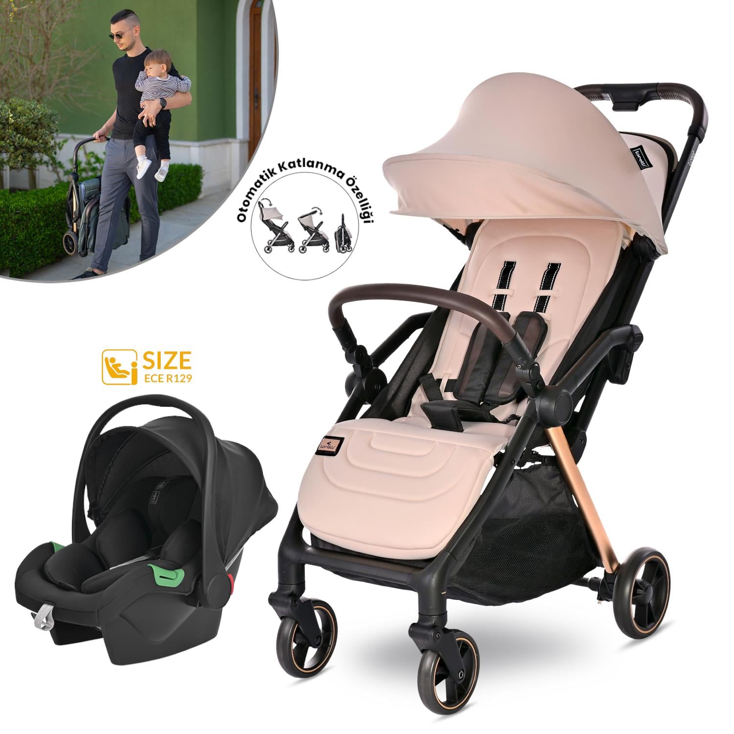 Lorelli Loret Otomatik Katlanan Kabin Boy & Travel Set Bebek Arabası - Beige