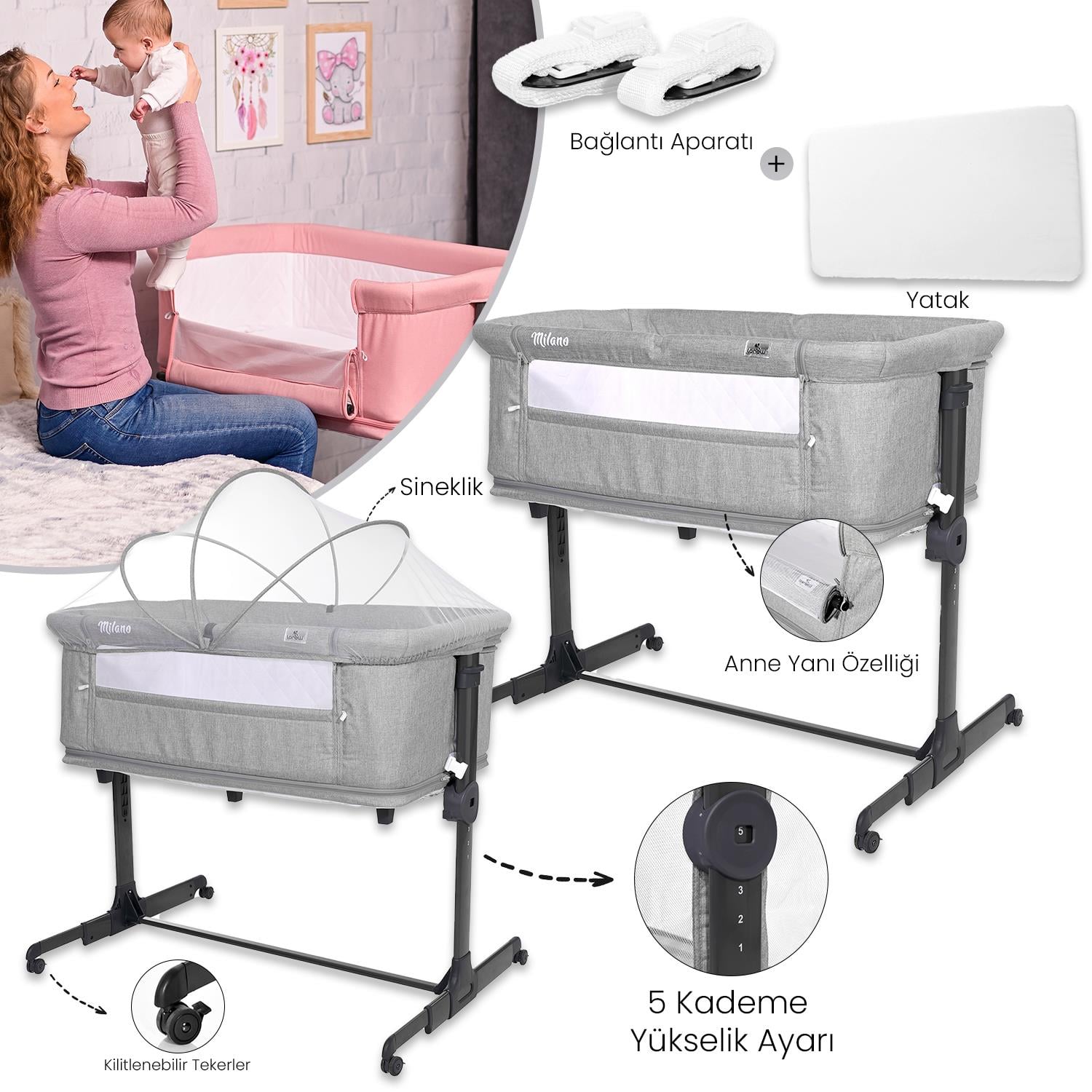 Lorelli Milano 2 in 1 Anne Yanı Beşik - Grey