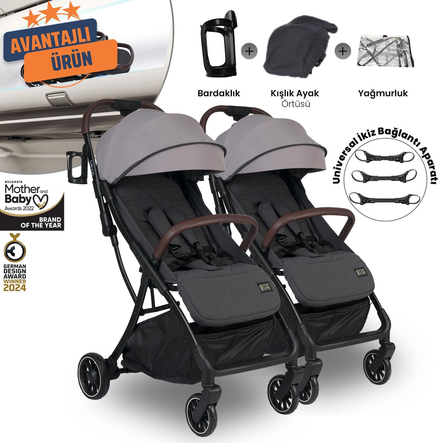 Lorelli Minori Ayrılıp Birleşebilen Kabin İkiz Bebek Arabası - Grey Jasper